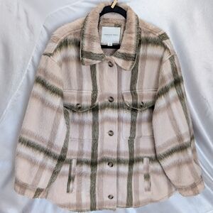 American Eagle Faux Fur Brushed Wool Cream Green Button Shacket Flannel Lg